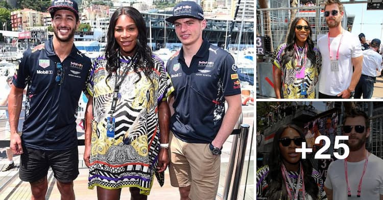 Expectant Serena Williams dons a vibrant patterned dress as she brings her baby bump to Monaco for the Grand Prix
